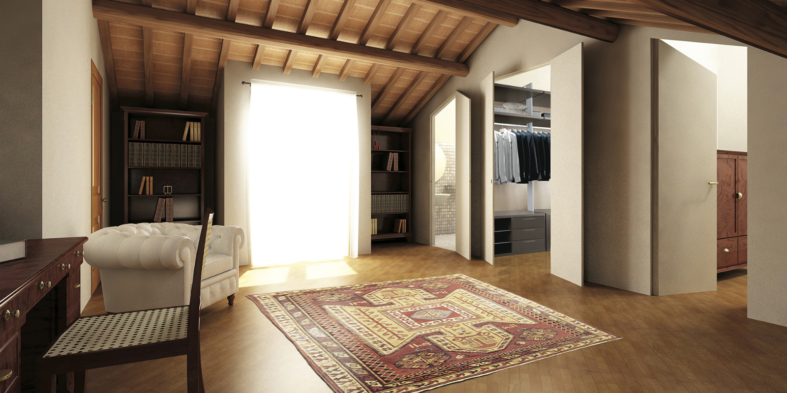 Interno casa elegante con mobili classici e tappeto.